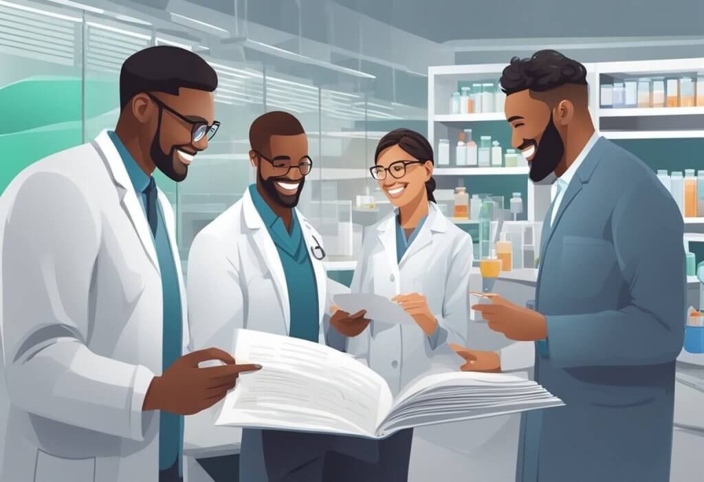 Anecdotal Evidence vs FDA Approval - smiling, diverse group sharing stories. FDA approval: official stamp on a document, scientist in lab coat