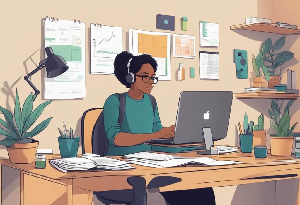 A cluttered desk with CBD oil, a planner, and a laptop. A person appears focused and engaged while working on tasks