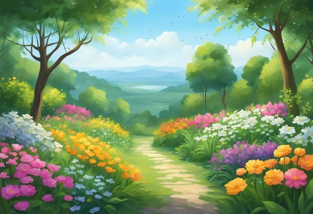 CBD for Antipsychotic effects  A serene landscape with a calm, clear sky and a peaceful atmosphere, surrounded by vibrant greenery and blooming flowers, evoking a sense of tranquility and mental stability