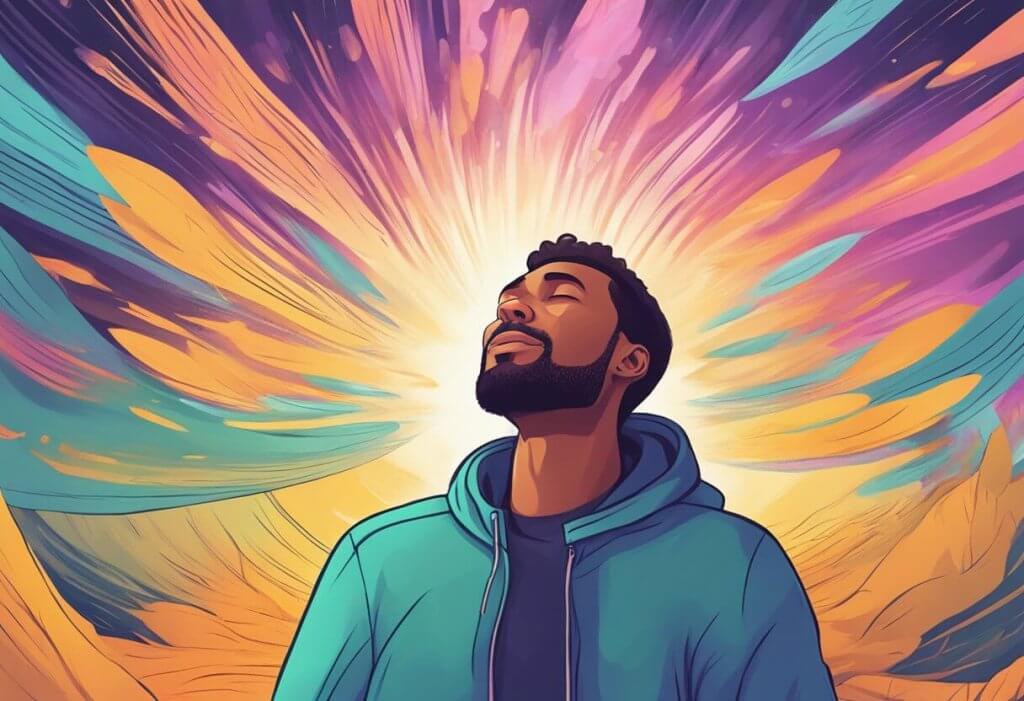 A person experiencing relief from psychotic symptoms after using CBD, with a sense of calm and improved mental clarity