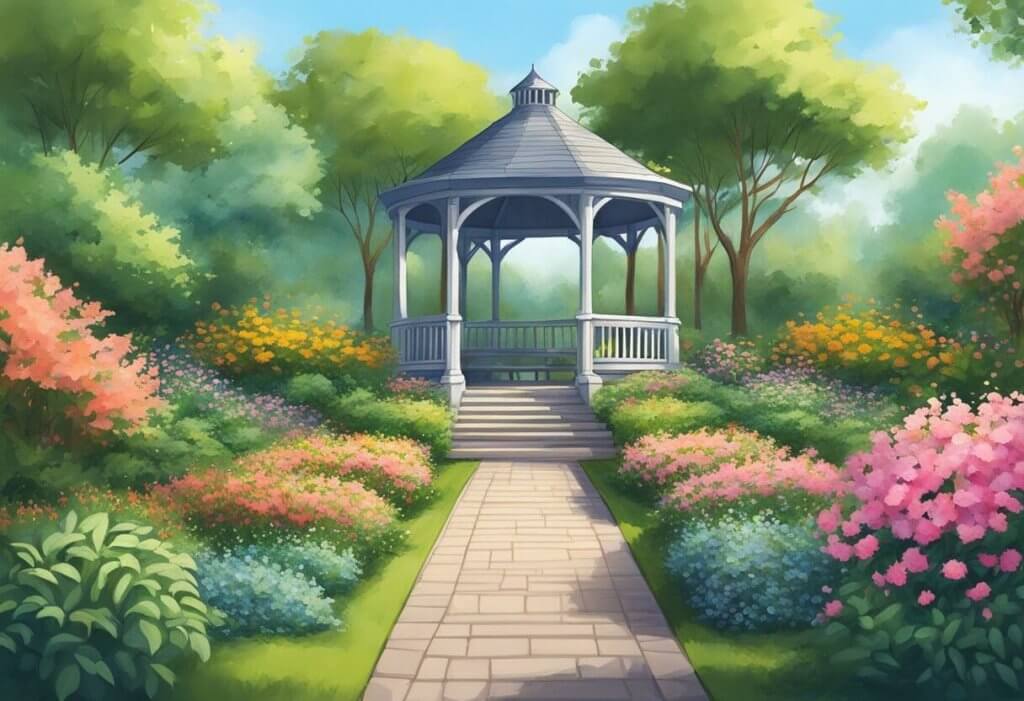 CBD for ALS - A serene garden with a wheelchair-accessible path leading to a peaceful gazebo surrounded by vibrant, blooming CBD plants