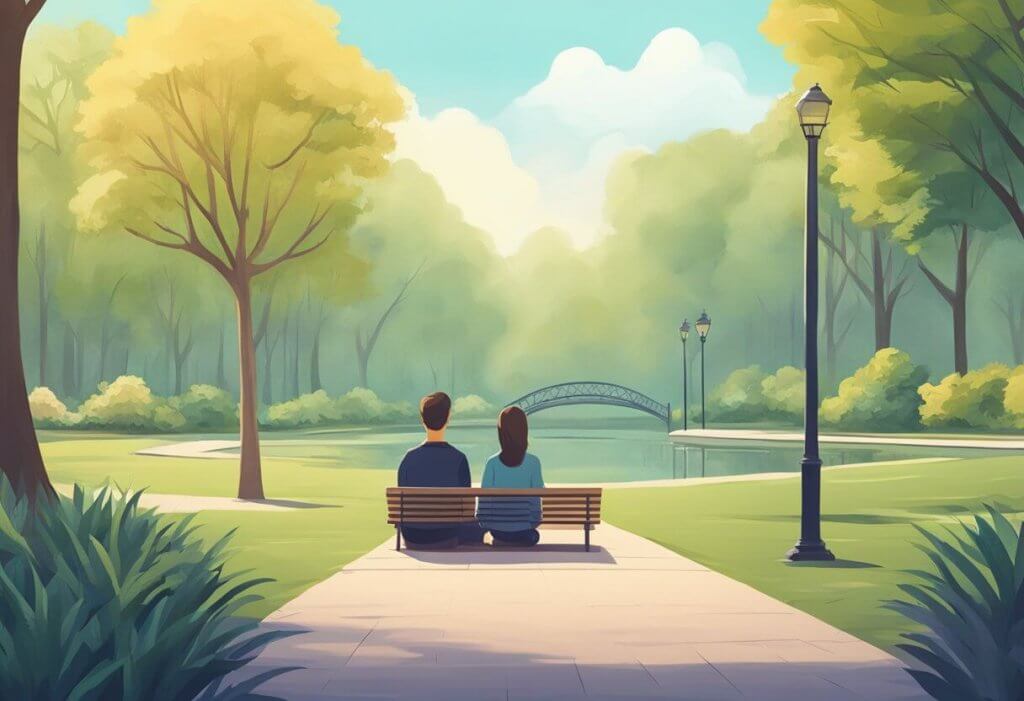 CBD for paranoia - A serene park with a calm atmosphere, featuring a person feeling at ease and relaxed after taking CBD for paranoia