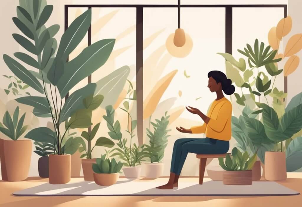 A person feeling calm and relaxed while using CBD oil, surrounded by soothing natural elements like plants and gentle lighting