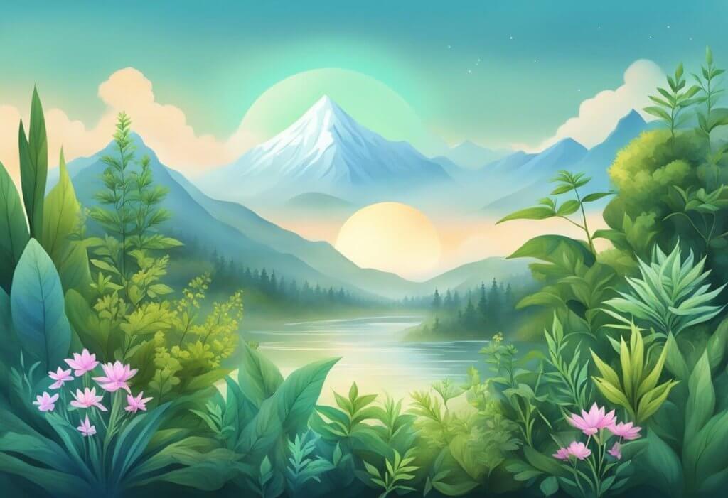 A serene landscape with various plants and herbs intertwining, emitting a calming aura, symbolizing the potential therapeutic benefits of the CBD entourage effect