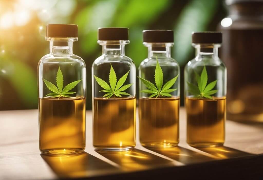 Will CBD make me high? Several vials of amber liquid on a cupboard, with cannabis leaves nearby, against a sunny background