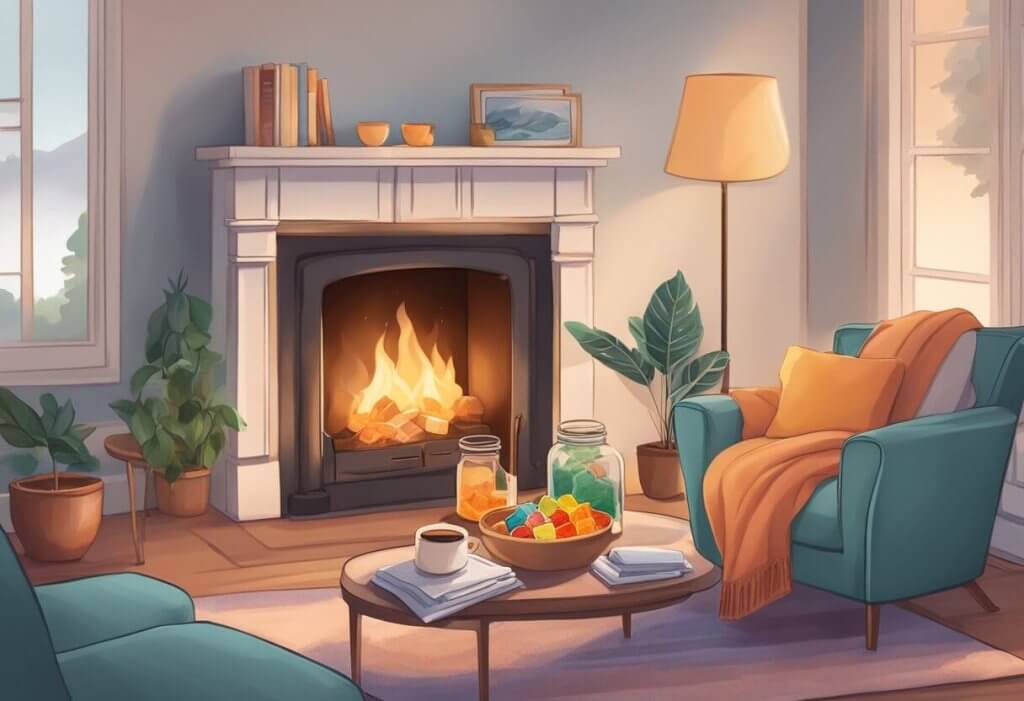A cozy living room with a crackling fireplace, a steaming cup of tea, a warm blanket, and a jar of Chill-axing Infused Calm Gummies on a side table