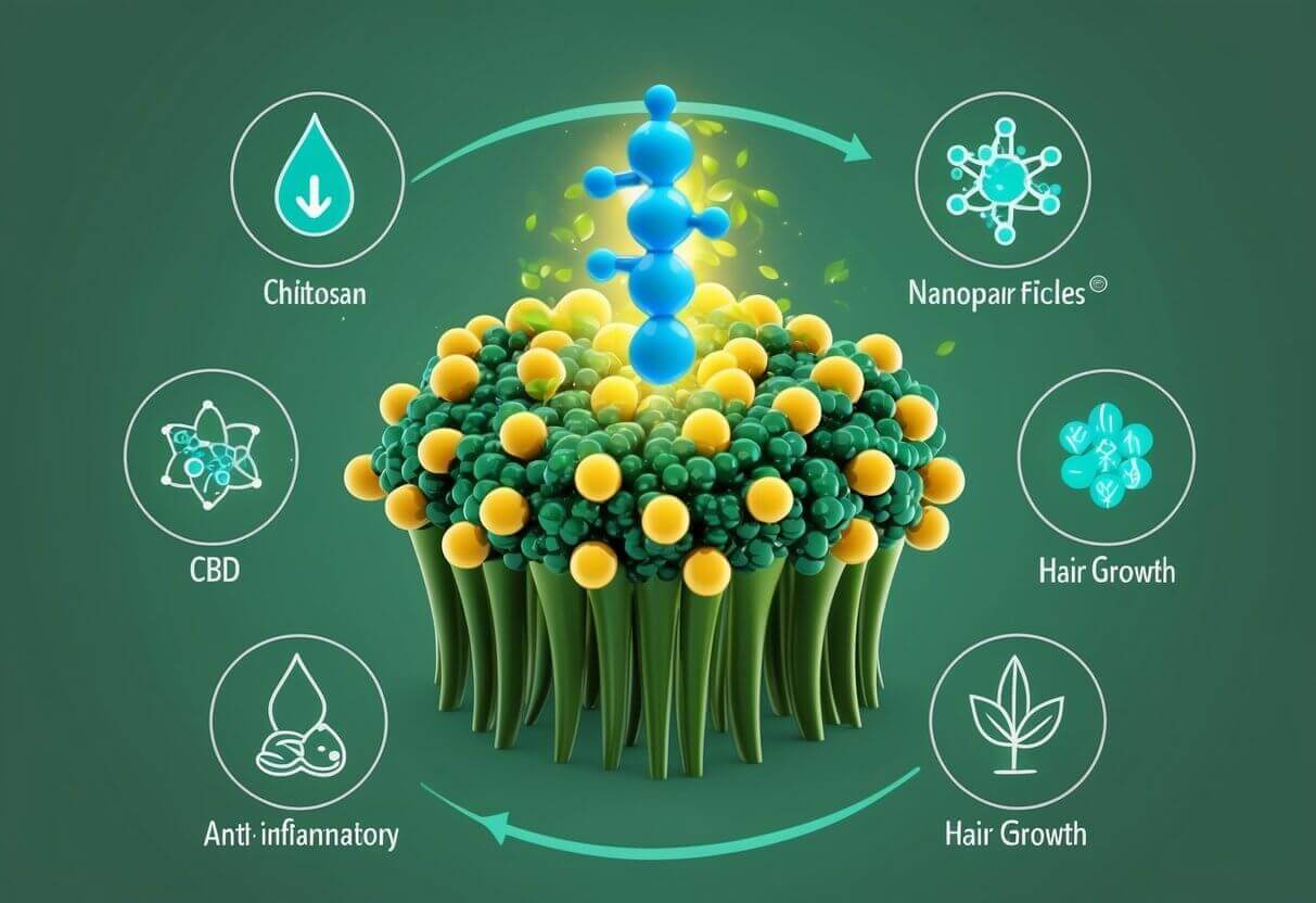 Healthy hair follicles with new growth, surrounded by stylized chitosan nanoparticles delivering CBD. Simplified CBD molecule with a glowing effect. Icons for anti-inflammatory and hair growth