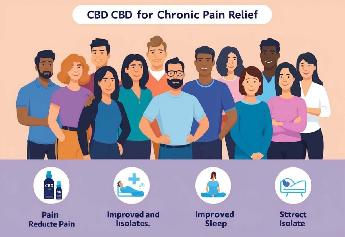 A diverse group uses CBD for chronic pain relief. Icons show pain reduction and improved sleep. CBD isolate products are featured
