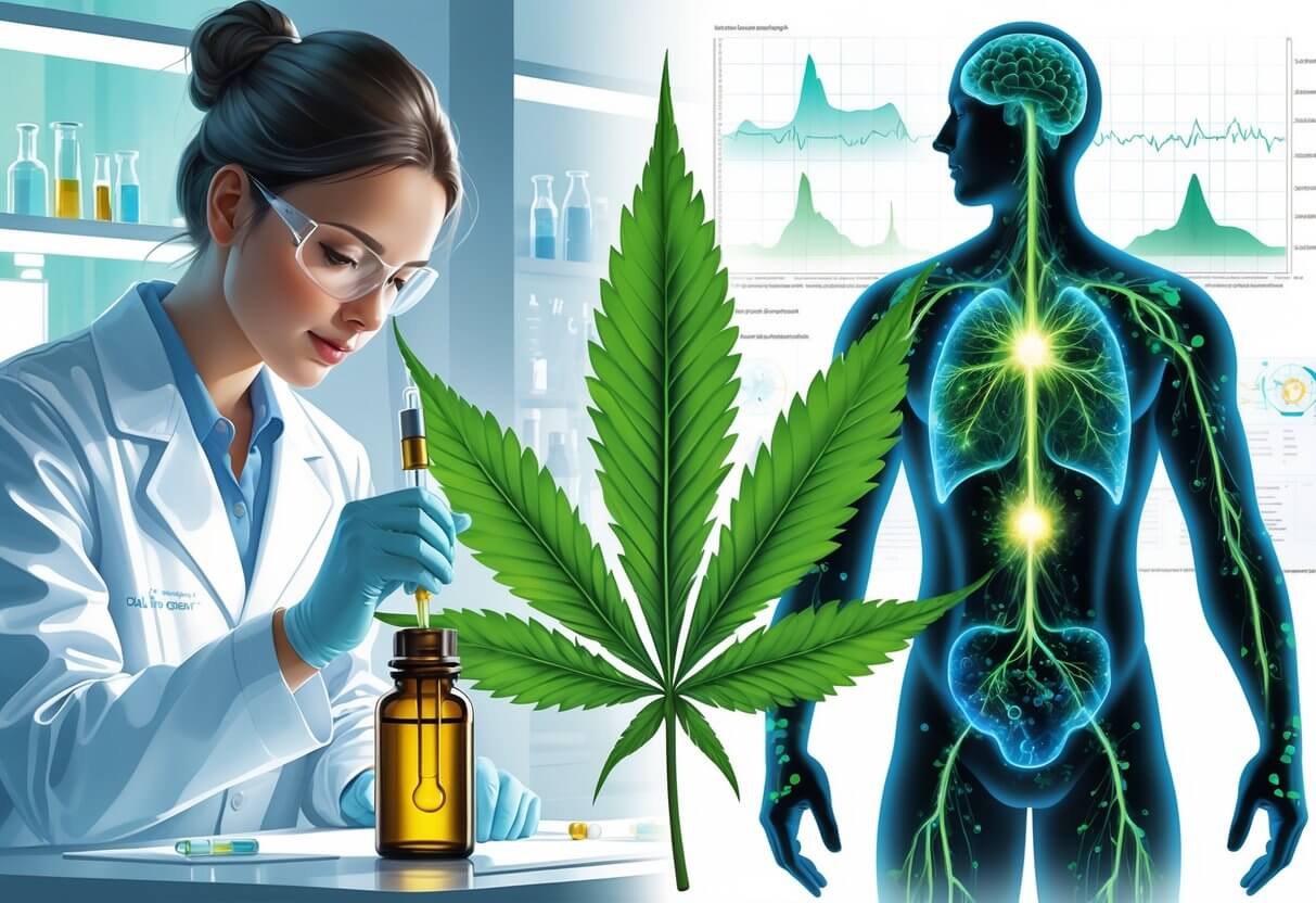 A scientist working in a lab, with a stylized cannabis leaf next to a digital representation of the human endocannabinoid system with glowing neural pathways throughout a silhouette of a human body.